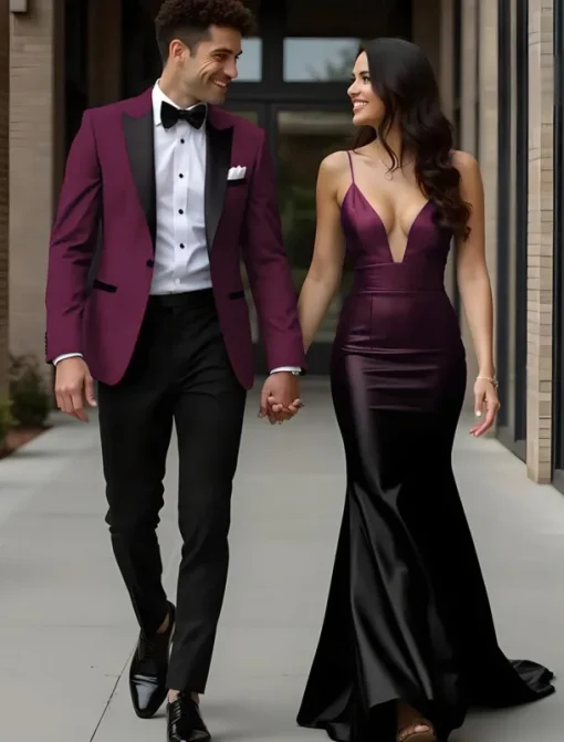 Men's Prom Fall Wedding Party Suits Peaked Lapel Red Grape Fashion Formal Solid Colored Standard Fit 2 Piece Single Breasted One-button