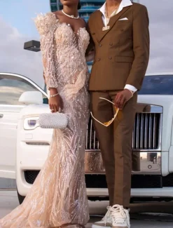 Men's Prom Party Suits Brown Fashion Formal Solid Colored Standard Fit 2 Piece Double Breasted Six-buttons