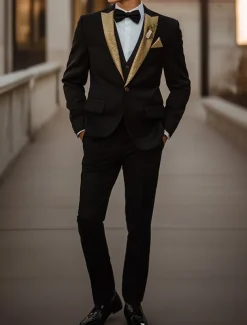 Men's Prom Party Suits Peaked Lapel Black Fashion Luxury Solid Colored Standard Fit 3 Piece Single Breasted One-button