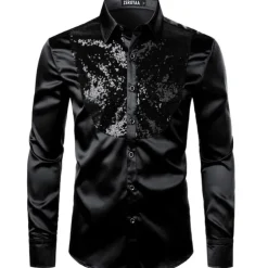 Men's Prom Shirt Disco Shirt Satin Silk Shirt Tuxedo Shirts Solid Color Wedding Party Black White Red Blue Long Sleeve Turndown Summer Spring Clothing Apparel Sequins