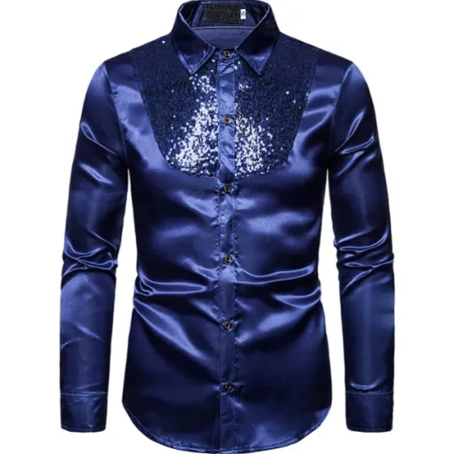 Men's Prom Shirt Disco Shirt Satin Silk Shirt Tuxedo Shirts Solid Color Wedding Party Black White Red Blue Long Sleeve Turndown Summer Spring Clothing Apparel Sequins