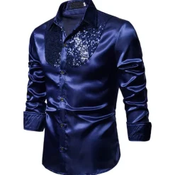 Men's Prom Shirt Disco Shirt Satin Silk Shirt Tuxedo Shirts Solid Color Wedding Party Black White Red Blue Long Sleeve Turndown Summer Spring Clothing Apparel Sequins