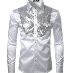 Men's Prom Shirt Disco Shirt Satin Silk Shirt Tuxedo Shirts Solid Color Wedding Party Black White Red Blue Long Sleeve Turndown Summer Spring Clothing Apparel Sequins