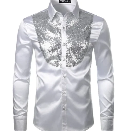 Men's Prom Shirt Disco Shirt Satin Silk Shirt Tuxedo Shirts Solid Color Wedding Party Black White Red Blue Long Sleeve Turndown Summer Spring Clothing Apparel Sequins