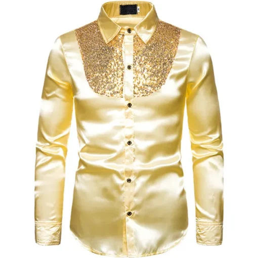 Men's Prom Shirt Disco Shirt Satin Silk Shirt Tuxedo Shirts Solid Color Wedding Party Black White Red Blue Long Sleeve Turndown Summer Spring Clothing Apparel Sequins