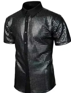 Men's Prom Shirt Disco Shirt Tuxedo Shirts Plain Formal Evening Birthday Party Black Yellow Blue Rainbow Short Sleeve Lapel Summer Spring Clothing Apparel Sequins