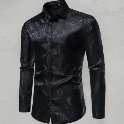 Men's Prom Shirt Satin Silk Shirt Graphic Wedding Party Silver Black Wine Navy Blue Long Sleeve Turndown Clothing Apparel Button-Down