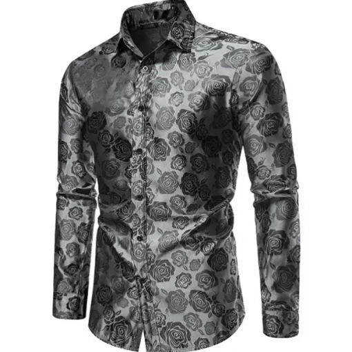 Men's Prom Shirt Satin Silk Shirt Graphic Wedding Party Silver Black Wine Navy Blue Long Sleeve Turndown Clothing Apparel Button-Down