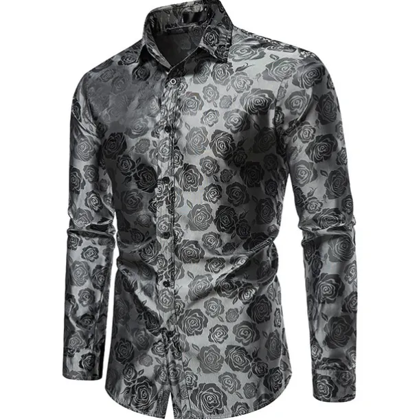 Men's Prom Shirt Satin Silk Shirt Graphic Wedding Party Silver Black Wine Navy Blue Long Sleeve Turndown Clothing Apparel Button-Down