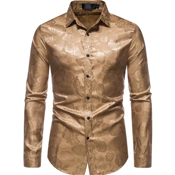 Men's Prom Shirt Satin Silk Shirt Graphic Wedding Party Silver Black Wine Navy Blue Long Sleeve Turndown Clothing Apparel Button-Down