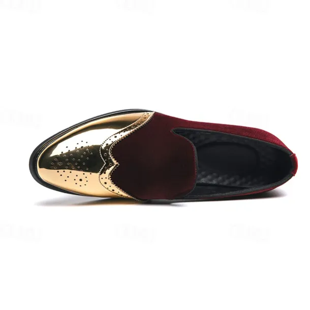 Men's Prom Shoes - Burgundy Velvet and Gold Patent Leather Slip-Ons with Brogue Detailing for Formal Wear