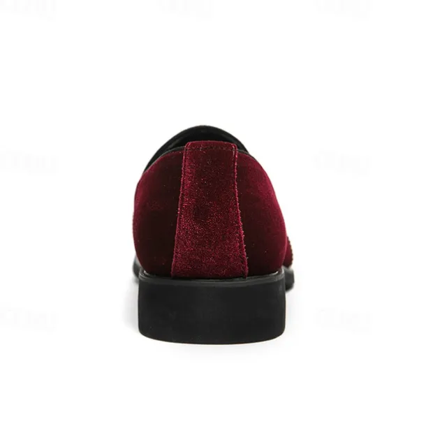 Men's Prom Shoes - Burgundy Velvet and Gold Patent Leather Slip-Ons with Brogue Detailing for Formal Wear