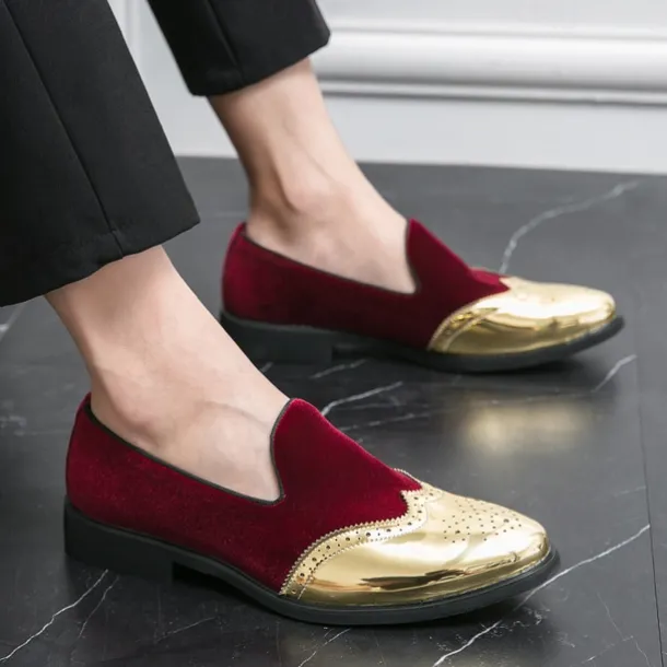 Men's Prom Shoes - Burgundy Velvet and Gold Patent Leather Slip-Ons with Brogue Detailing for Formal Wear