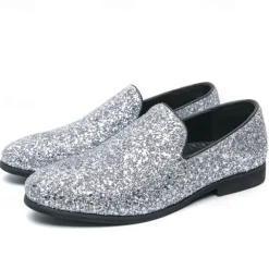 Men's Prom Shoes - Gold Glitter Slip-On Loafers for Glamorous Evening Wear