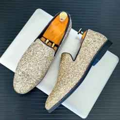 Men's Prom Shoes - Gold Glitter Slip-On Loafers for Glamorous Evening Wear