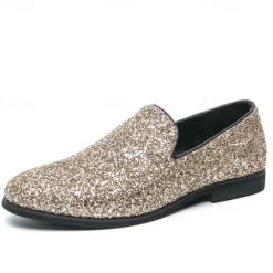 Men's Prom Shoes - Gold Glitter Slip-On Loafers for Glamorous Evening Wear