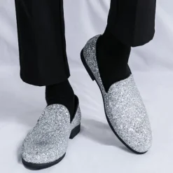 Men's Prom Shoes - Gold Glitter Slip-On Loafers for Glamorous Evening Wear