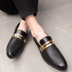 Men's Prom Shoes - Ivory Perforated Faux Leather Loafers with Gold Buckle Detail for Formal Occasions