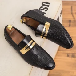 Men's Prom Shoes - Ivory Perforated Faux Leather Loafers with Gold Buckle Detail for Formal Occasions