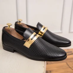 Men's Prom Shoes - Ivory Perforated Faux Leather Loafers with Gold Buckle Detail for Formal Occasions