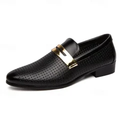 Men's Prom Shoes - Ivory Perforated Faux Leather Loafers with Gold Buckle Detail for Formal Occasions