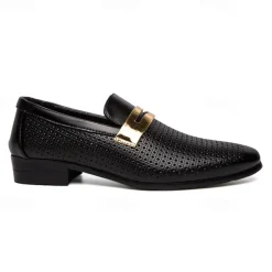Men's Prom Shoes - Ivory Perforated Faux Leather Loafers with Gold Buckle Detail for Formal Occasions