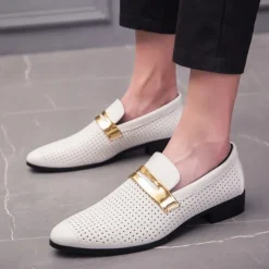 Men's Prom Shoes - Ivory Perforated Faux Leather Loafers with Gold Buckle Detail for Formal Occasions