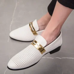 Men's Prom Shoes - Ivory Perforated Faux Leather Loafers with Gold Buckle Detail for Formal Occasions