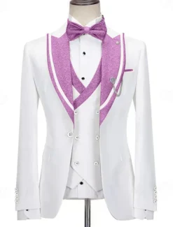 Men's Prom Sparkly Party Suits Peaked Lapel Pink Purple Fashion Luxury Solid Colored Standard Fit 3 Piece Single Breasted One-button