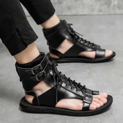 Men's PU Leather Sandals Gladiator Sandals Roman Sandals Black Sandals Classic Casual Beach Outdoor Daily Lace-up Shoes