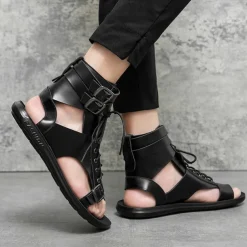 Men's PU Leather Sandals Gladiator Sandals Roman Sandals Black Sandals Classic Casual Beach Outdoor Daily Lace-up Shoes
