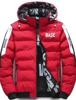 Men's Puffer Jacket Hoodie Coat Padded Zipper Pocket Print Sports Outdoor Regular Outdoor Casual / Daily Winter Letter Black Yellow Red Khaki Puffer Jacket