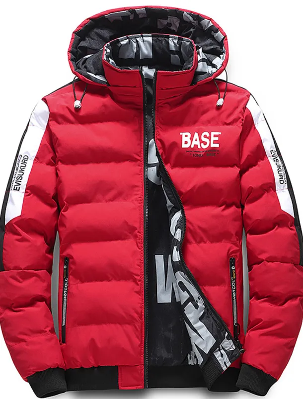 Men's Puffer Jacket Hoodie Coat Padded Zipper Pocket Print Sports Outdoor Regular Outdoor Casual / Daily Winter Letter Black Yellow Red Khaki Puffer Jacket