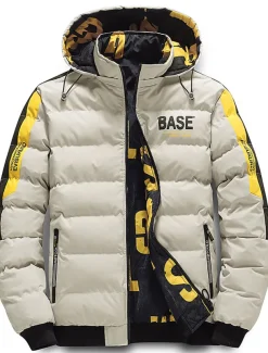 Men's Puffer Jacket Hoodie Coat Padded Zipper Pocket Print Sports Outdoor Regular Outdoor Casual / Daily Winter Letter Black Yellow Red Khaki Puffer Jacket