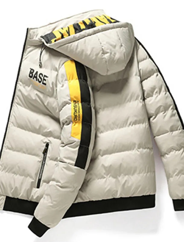 Men's Puffer Jacket Hoodie Coat Padded Zipper Pocket Print Sports Outdoor Regular Outdoor Casual / Daily Winter Letter Black Yellow Red Khaki Puffer Jacket