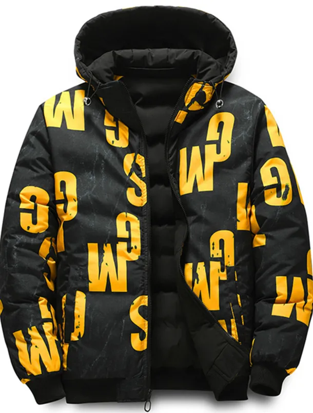 Men's Puffer Jacket Hoodie Coat Padded Zipper Pocket Print Sports Outdoor Regular Outdoor Casual / Daily Winter Letter Black Yellow Red Khaki Puffer Jacket