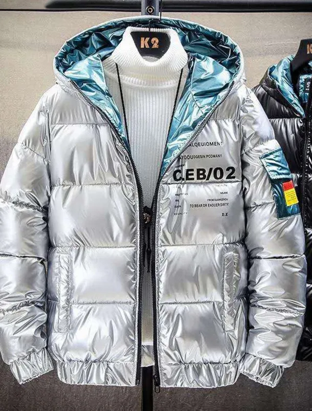 Men's Puffer Jacket Quilted Jacket Padded Cardigan Zipper Pocket Print Vacation Going out Weekend Outdoor Casual / Daily Winter Letter Silver Black Puffer Jacket