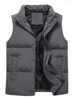 Men's Puffer Vest Daily Casual Fall & Winter Pocket Polyester Comfortable Plain Zipper Stand Collar Black Pink Blue Khaki Vest