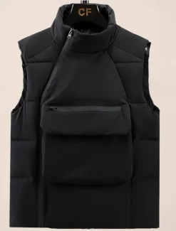 Men's Puffer Vest Daily Casual Spring & Fall Pocket Polyester Comfortable Solid Color Pullover Regular Fit Black Gray Vest