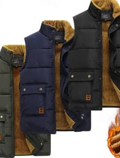 Men's Puffer Vest Fleece Vest Gilet Daily Date Vacation Fashion Casual Fall & Winter Pocket Polyester Warm Comfortable Solid Color Hidden Buttoned Front Stand Collar Regular Fit Black Blue Army Green