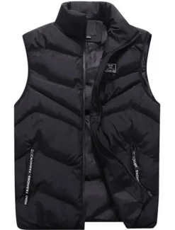 Men's Puffer Vest Gilet Quilted Vest Cardigan Outdoor Street Daily Going out Streetwear Sporty Fall Winter Pocket Full Zip Polyester Warm Breathable Solid Color Zipper Stand Collar Regular Fit Black