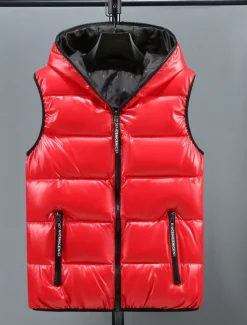 Men's Puffer Vest Hoodie Vest Padded Gilet Quilted Vest Daily Date Vacation Fashion Casual Fall & Winter Pocket Polyester Warm Comfortable Solid Color Zipper Hooded Regular Fit Silver Black Red Gold