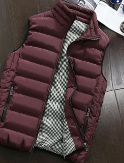Men's Puffer Vest Vest Gilet Daily Date Vacation Fashion Casual Fall & Winter Pocket Polyester Warm Comfortable Plain Quilted Zipper Stand Collar Regular Fit Black White Red Burgundy Vest