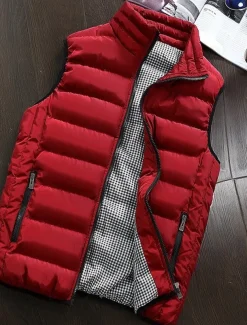 Men's Puffer Vest Vest Gilet Daily Date Vacation Fashion Casual Fall & Winter Pocket Polyester Warm Comfortable Plain Quilted Zipper Stand Collar Regular Fit Black White Red Burgundy Vest