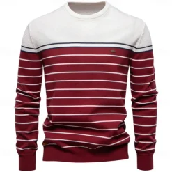 Men's Pullover Sweater Jumper Ribbed Knit Regular Tops Color Block Striped Crew Neck Knitwear Daily Outdoor Vacation Clothing Apparel Spring Fall Wine Navy Blue S M L