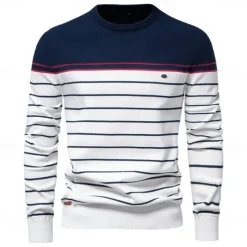 Men's Pullover Sweater Jumper Ribbed Knit Regular Tops Color Block Striped Crew Neck Knitwear Daily Outdoor Vacation Clothing Apparel Spring Fall Wine Navy Blue S M L