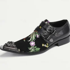 Men's Punk Style Floral Embroidered Buckle Monk Strap Dress Shoes with Metal Toe Cap - Premium Cowhide Leather, Ideal for Formal Events