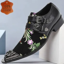 Men's Punk Style Floral Embroidered Buckle Monk Strap Dress Shoes with Metal Toe Cap - Premium Cowhide Leather, Ideal for Formal Events
