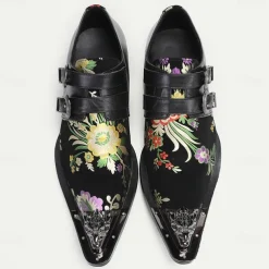 Men's Punk Style Floral Embroidered Buckle Monk Strap Dress Shoes with Metal Toe Cap - Premium Cowhide Leather, Ideal for Formal Events