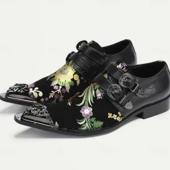 Men's Punk Style Floral Embroidered Buckle Monk Strap Dress Shoes with Metal Toe Cap - Premium Cowhide Leather, Ideal for Formal Events